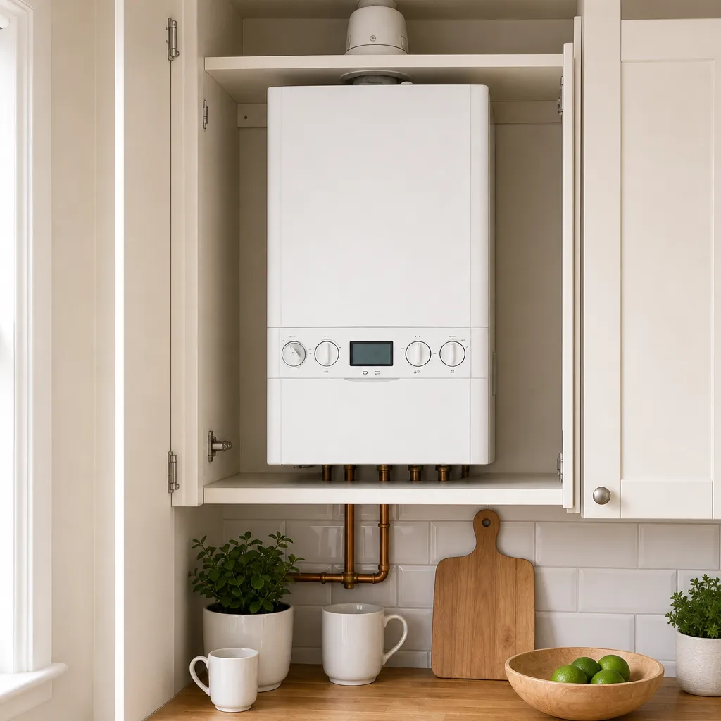 Modern combi boiler fitted in a kitchen cupboard