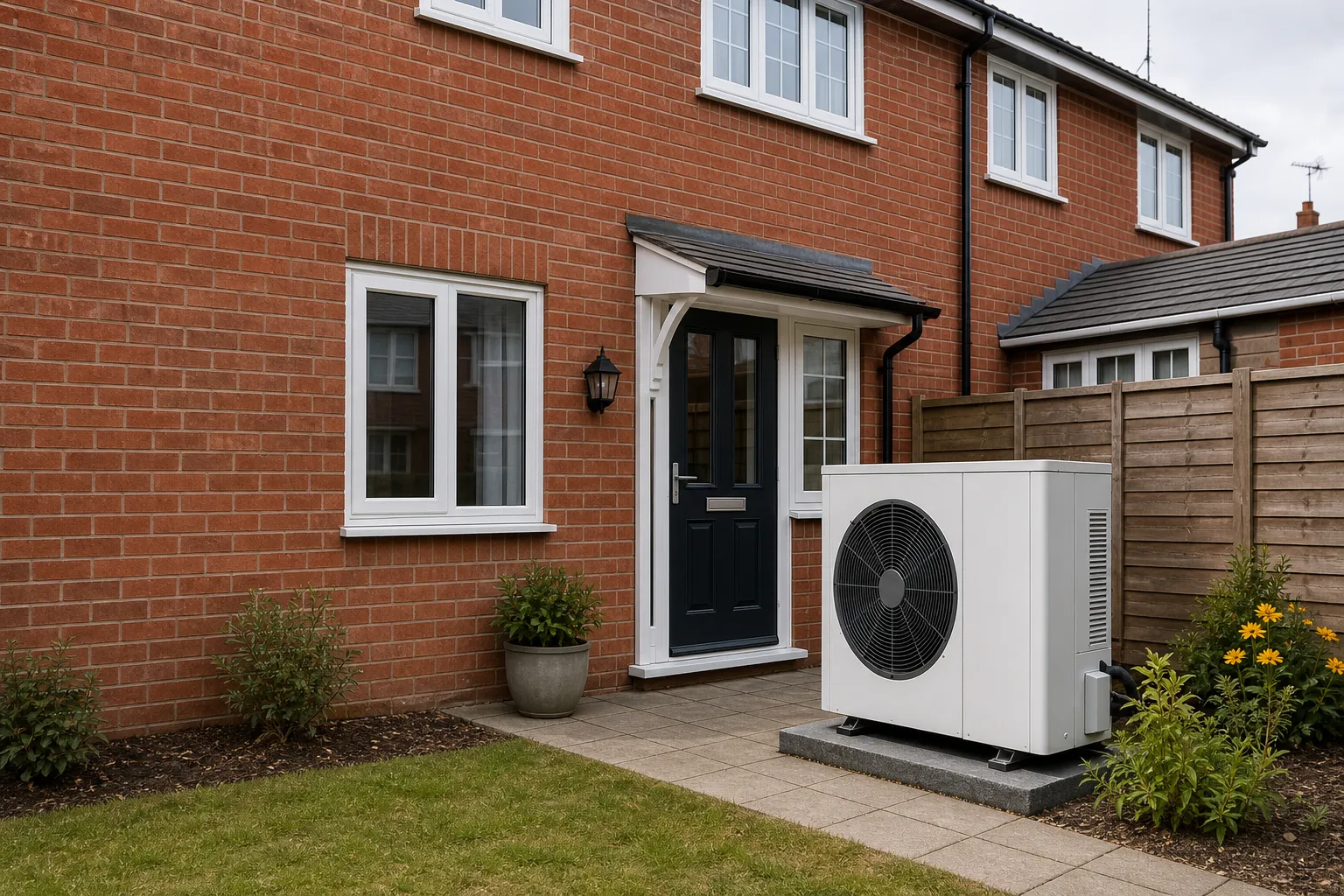Red-brick semi-detached house with an air source heat pump beside the front door