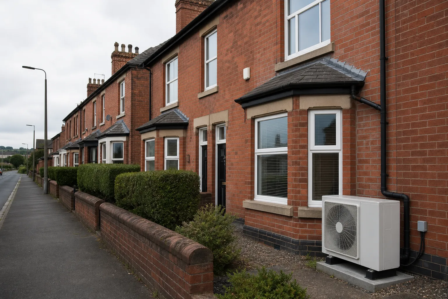 Middlesbrough street of victorian and edwardian terraces with an air source heat pump
