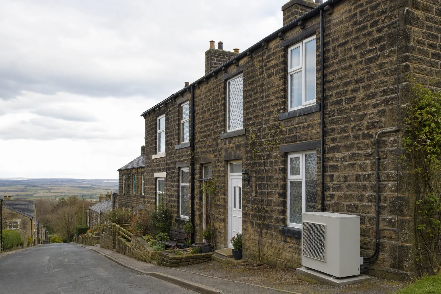 Huddersfield street of stone-built terraces and cottages with an air source heat pump